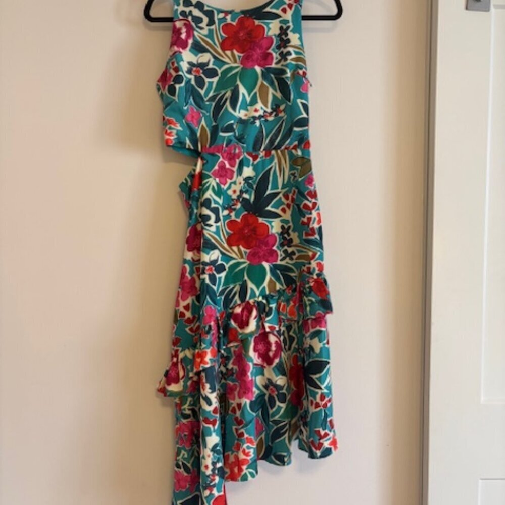 SAM EDELMAN Tropical Ruffle Cutout Midi Dress In Aqua Multi size 6